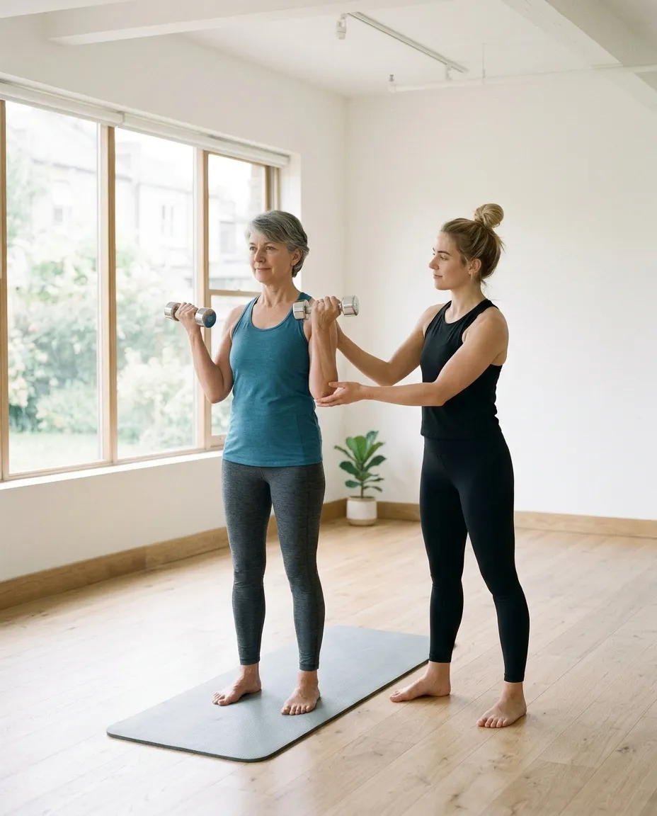 Lezione individuale: l'istruttrice segue da vicino una cliente con dumbbell leggeri