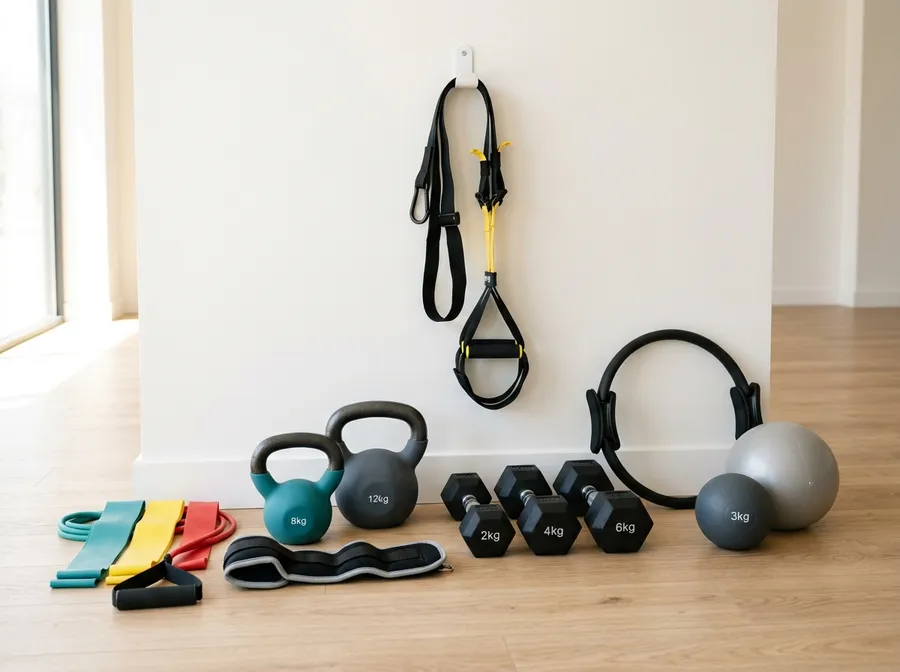 Attrezzi ordinati a terra e alla parete: kettlebell, dumbbell, magic circle, palle, elastici e una cinghia TRX